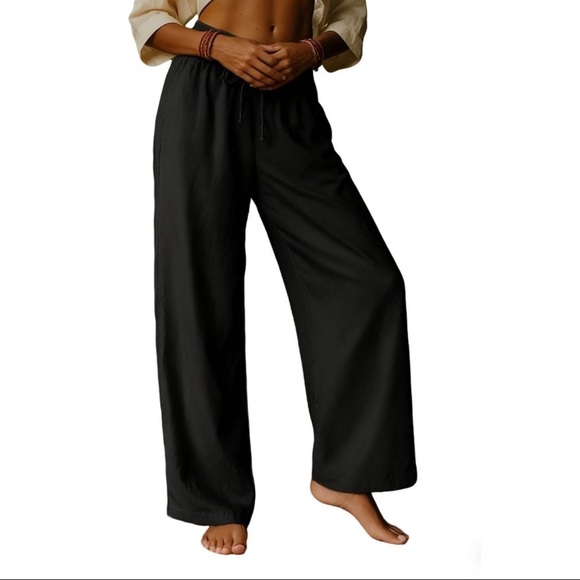 wild fable Pants - Womens Drawstring Button Fly - Elastic Waist Relaxed Fit Wide Leg Pants Black M